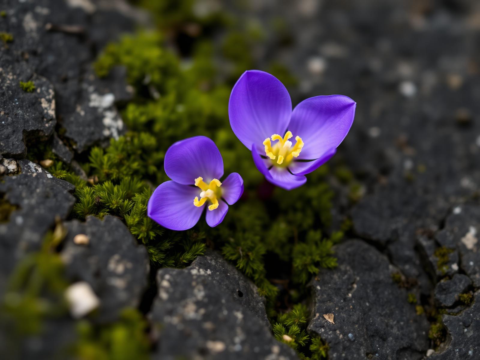 Ramonda flower growing on mossy limestone